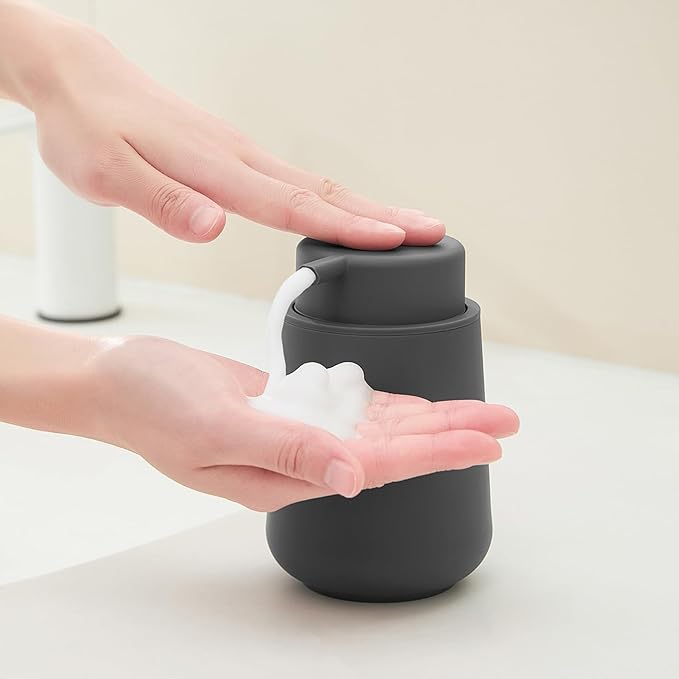 Matte Gray Foaming Hand Soap Dispenser Plastic 11 oz - Modern Minimalist Style for Bathroom & Kitchen Countertop Refillable