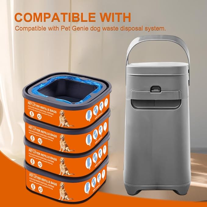 42 FT Jumbo Square Refills Disposal Bags Refill Compatible with Pet Dogs Genie Dog Waste Disposal System Pails, Up to 6 months of Supply,Ultimate Odor Control Dog Poop Bags (6 Pack)