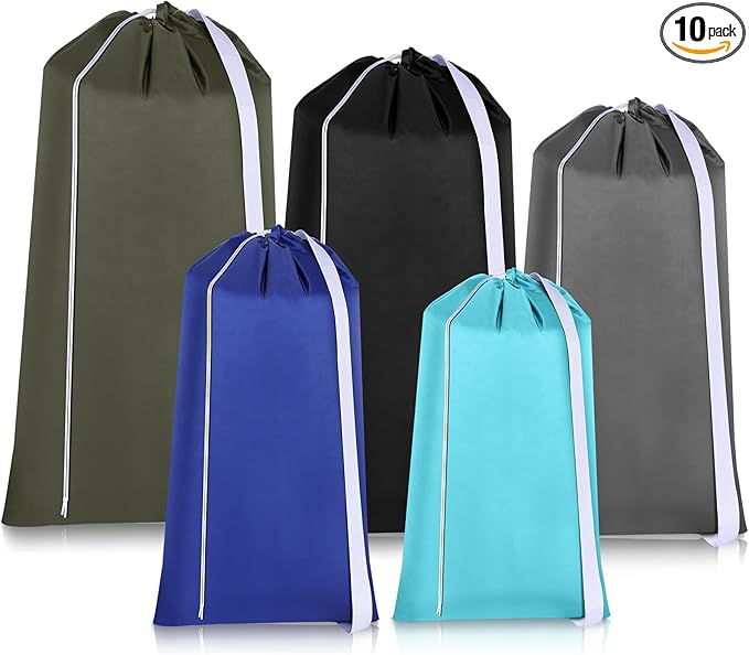 10 Pcs Nylon Extra Large Laundry Bag with Strap Travel Laundry Bags with Drawstring Closure Portable Cloth Bag for College Dorm Apartment Dwellers(Dark Color,Assorted Sizes)