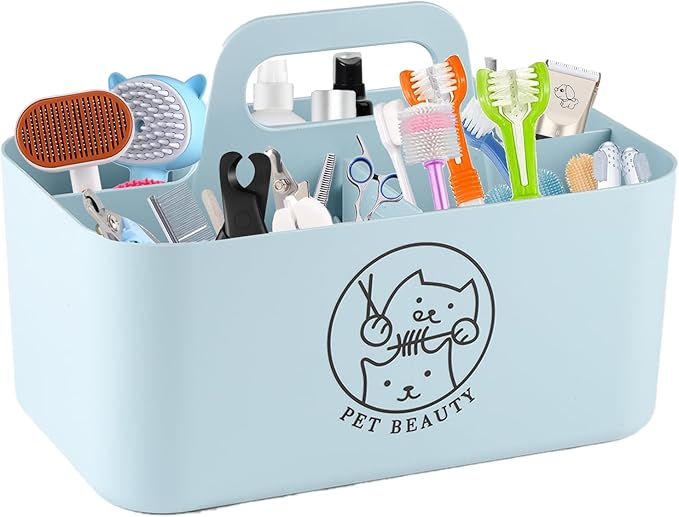 Dog Storage Organizer for Grooming Supplies,Portable Caddy Organizer for Pet Stuff,Divided Storage Bin for Dog Cat Grooming Kit,Dog Stuff Organizer with Handle for Shampoo,Clipper,Comb-Blue
