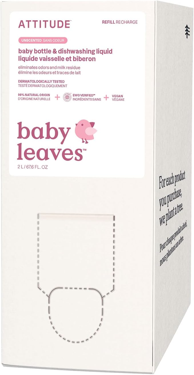 ATTITUDE Baby Dish Soap and Bottle Cleaner, EWG Verified Dishwashing Liquid, No Added Dyes or Fragrances, Tough on Milk Residue and Grease, Vegan, Vegan, Unscented, Bulk Refill, 67.6 Fl Oz