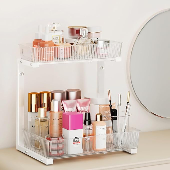 Under Sink Organizer, Under Sink Organizers and Storage with Adjustable Height and PET Basket, Pull Out Under Cabinet Organizer for Counter Kitchen, Vanity, Laundry, Pantry (2Packs, White)