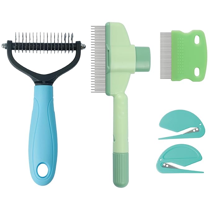 5-Piece Flea Comb Set - Dog Brush, Cat Brush, Flea Comb for Cats, Dog Brush for Shedding, W/Dematting Comb/Scissors, 2-in-1 Massage, Ergonomic Grip, Fit All Pet Breeds & Fur Types