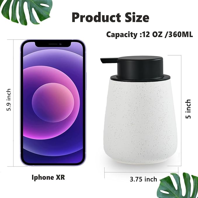 12Oz Foaming Soap Dispenser - Ceramic Foam Hand Soap Dispenser with Easy-to-Press Black Pump, Reusable and Refillable Lotion Dish Soap Dispensers for Bathroom & Kitchen, Speckled Matte White