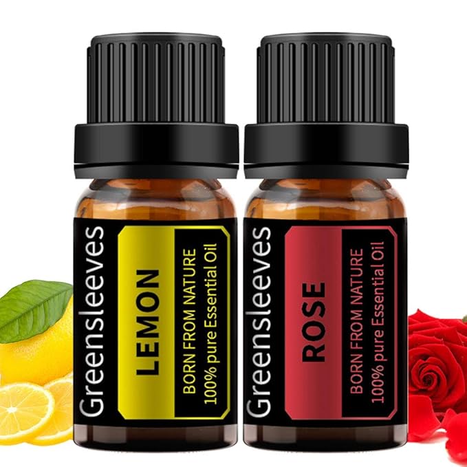 GREENSLEEVES Rose Lemon Essential Oil Set, 2 x 10ml Pure Plant-Based Fragrance Oil for Aromatherapy, Essential Oils for Diffuser, Massage, Bath Bomb, Scented Candle Soap Making