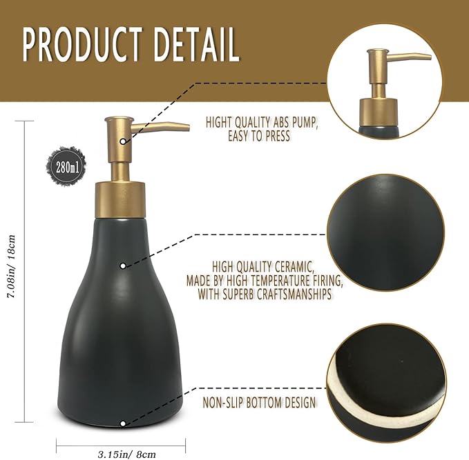 280ml Black Ceramic Liquid Soap Dispenser for Bathroom & Kitchen with Gold Pump,Refillable Countertop Hand Sanitizer Bottle,Chic Home Deco(Cone Black Bottle)