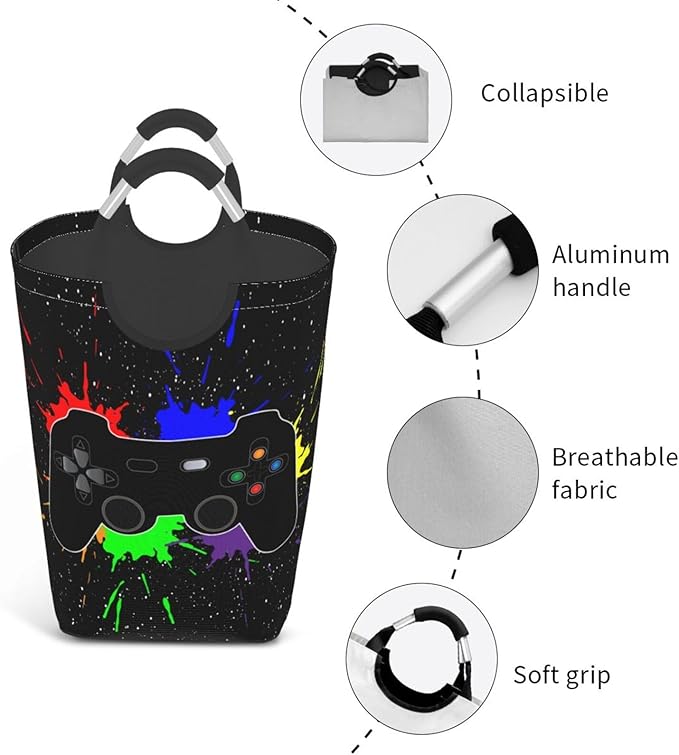 Gaming Joystick Large Laundry Hamper Bag With Waterproof Liner - Video Game Theme Laundry Basket Foldable Clothes Storage Organizer For Bathroom Bedroom Nursery Dorm