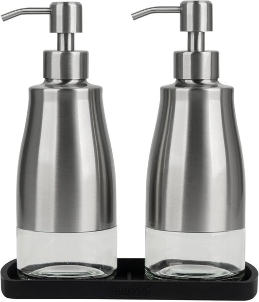 Gaussra Kitchen Soap Dispenser Set with Silicone Tray and Stickers - Brushed Nickel, Stainless Steel Glass Soap Dispenser Bathroom, Refillable Hand Dish Soap Dispenser for Kitchen Sink