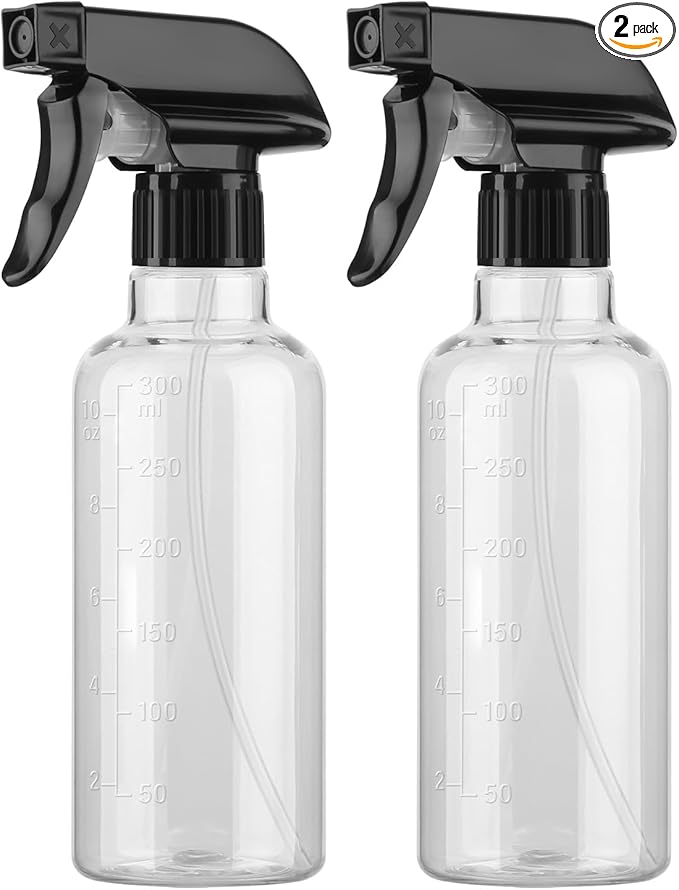 Plastic Spray Bottles (2 Pack 10 oz), Leakproof Adjustable Fine Mist & Jet Stream Nozzle, Premium BPA-Free Plastic Multi-Purpose for Hair, Plants, Cleaning (2 PACK CLEAR)