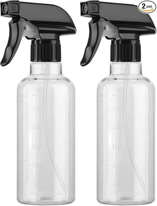 Plastic Spray Bottles (2 Pack 10 oz), Leakproof Adjustable Fine Mist & Jet Stream Nozzle, Premium BPA-Free Plastic Multi-Purpose for Hair, Plants, Cleaning (2 PACK CLEAR)