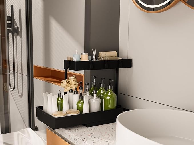 2 Pack Under Sink Organizer 2 Tier Sliding Cabinet Organizers Multi-Purpose Sink Storage Basket L-Shape Narrow Space Storage Shelves with 4 Hook for Kitchen Bathroom Drawer, Black