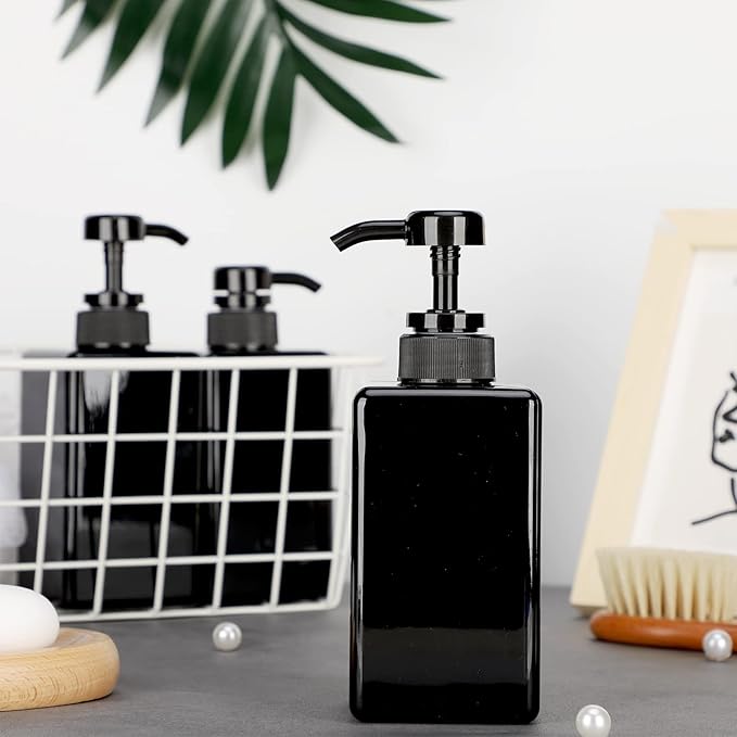 Suream Plastic Shampoo Bottles with Pump 15oz/450ml, Black Bathroom Shampoo and Conditioner Dispenser, Refillable Reusable Empty Pump Press Bottle for Shower, Massage Oil, Lotion, Liquid Soap, 3Pack