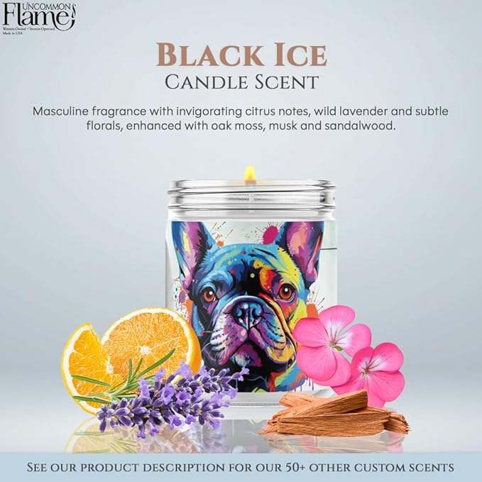 100% Handmade Non-toxic Soy Wax Candle, Masculine Musky Scent, 120hr Burn, Soot Free, Cotton Wick, 16 oz - Gift for Dog Moms & Dads, French Bulldog Lovers (Frenchie, Black Ice)