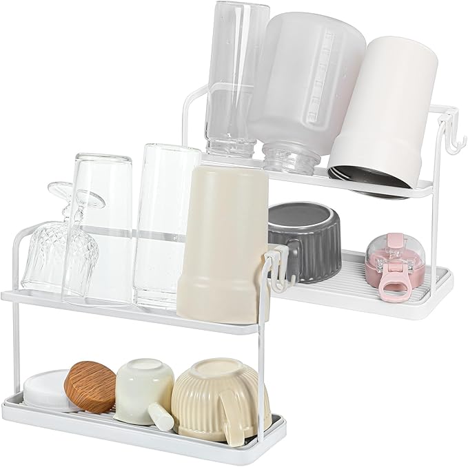 2 Pack Water Bottle Drying Rack with 2 Tier Holder – Space-Saving, Rust-Proof, Cup & Tumbler Organizer with Drain Tray & 2pcs Side Hooks for Kitchen Countertop (White, Carbon Steel)