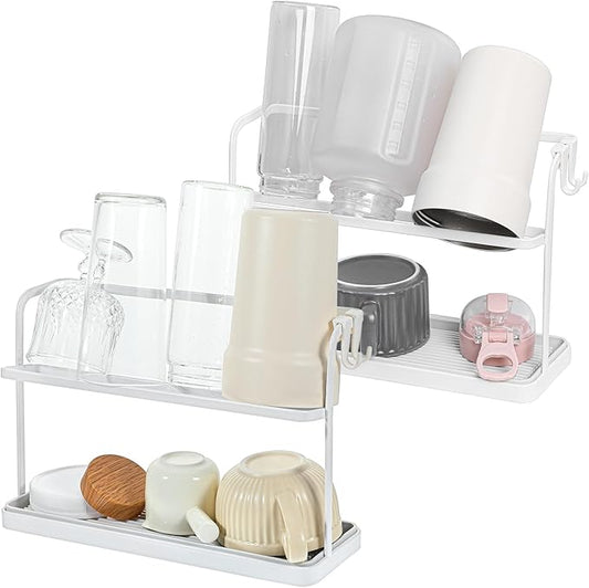 2 Pack Water Bottle Drying Rack with 2 Tier Holder – Space-Saving, Rust-Proof, Cup & Tumbler Organizer with Drain Tray & 2pcs Side Hooks for Kitchen Countertop (White, Carbon Steel)