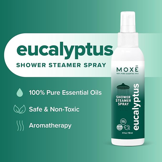 MOXE Eucalyptus Oil Shower Mist, Spa Steam Spray, Certified Natural 100% Essential Oils, Made in USA, Aromatherapy, Sinus Congestion Relief, Tension Relief (8oz)