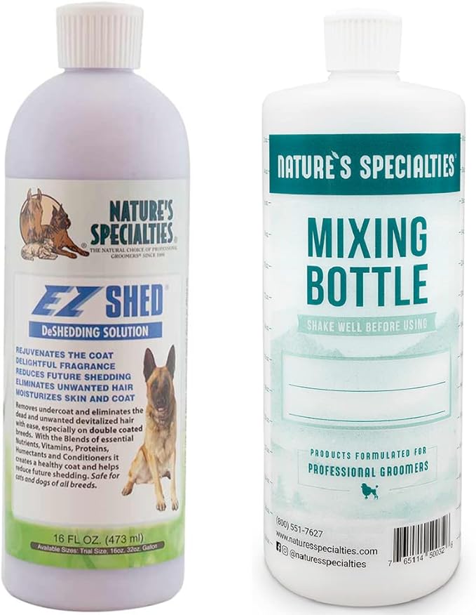 Nature's Specialties Mixing Bottle and Dog Shampoo Concentrate Bundle, Easy to Read Measurements Mixing Bottle 32 oz, EZ Shed Dog Conditioner Concentrate 16 oz