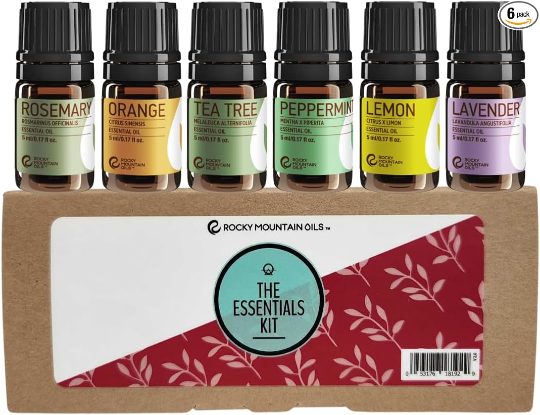 Rocky Mountain Oils The Essentials Kit - Includes Lavender, Lemon, Orange, Peppermint, Tea Tree, and Rosemary Essential Oil - Topical, and Cleaning - 5ml