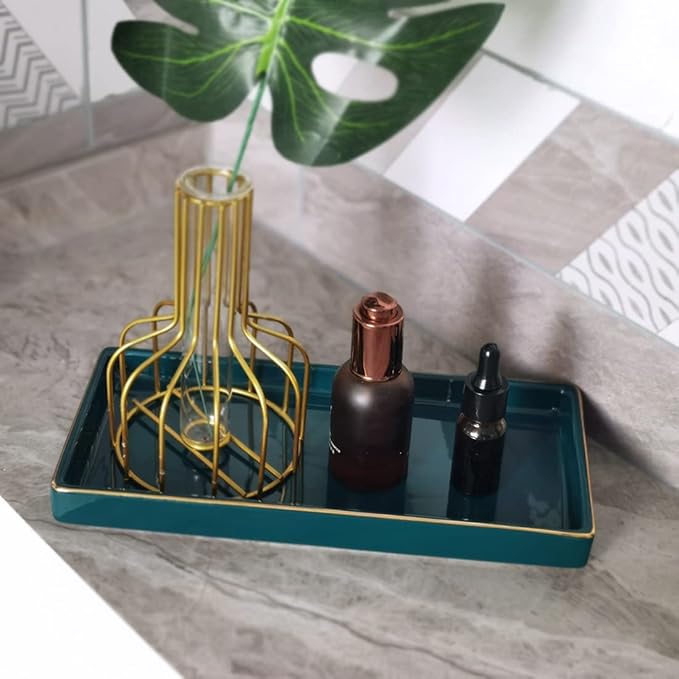 10 x 5 Ceramic Bathroom Tray for Countertop, Decorative Vanity Tray for Dresser Tops, Small Rectangular Trays for Perfume, Candle, Jewelry, Cosmetics (Green)