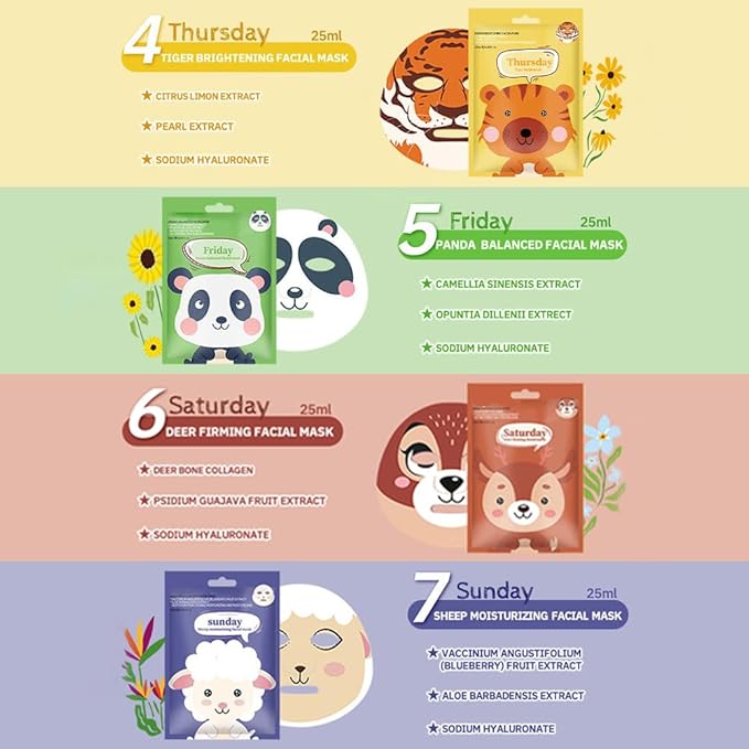Kaely 6 Pack Animal Character Sheet Masks, Face Masks for Kids Teens Skin Care, Korean Soothe Facial Mask for All Skin Types, Girls Night Skincare Spa Party, Birthday Gifts for Women Men, Set01