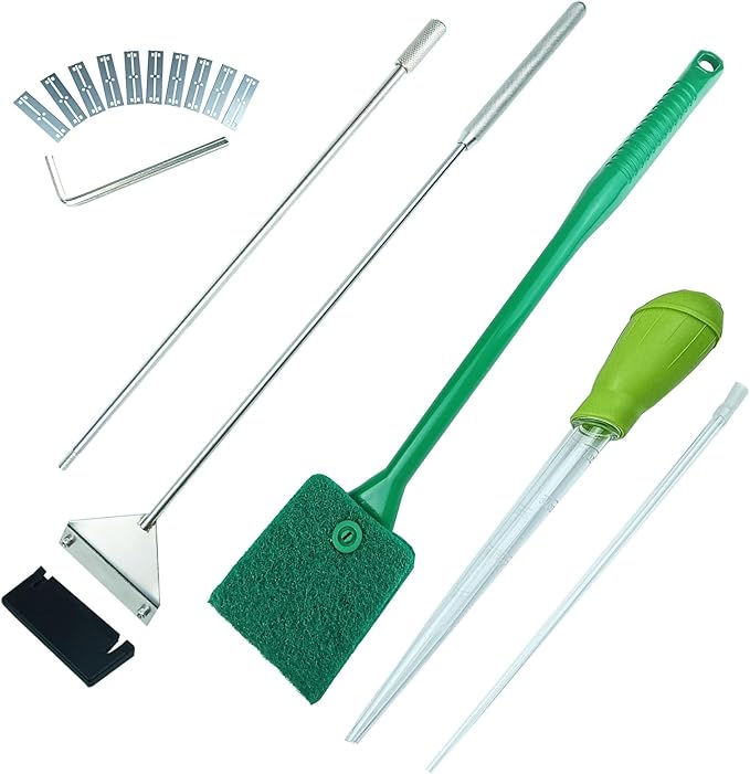 25.2 Inch Aquarium Algae Scraper/Remover for Glass Fish Tanks, Stainless Steel Cleaner Tool Kit/Cleaning Accessories with 10 Replaceable Blades + Coral Feeder + Double-Sided Sponge Brush