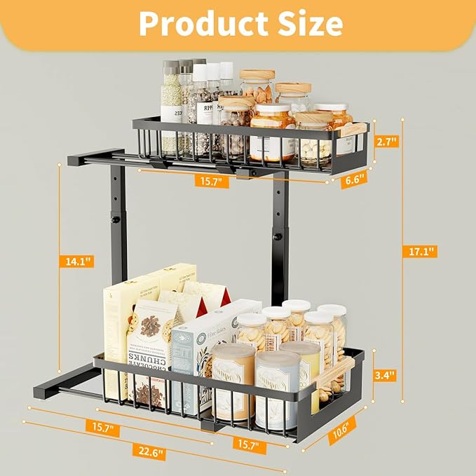 Under the Sink Organizer, 2 Tier Large Pull Out Under Sink Organizer Kitchen with Adjustable Height, Metal Under Cabinet Organizer and Storage for Counter Bathroom Vanity Laundry, Black 1 Pack