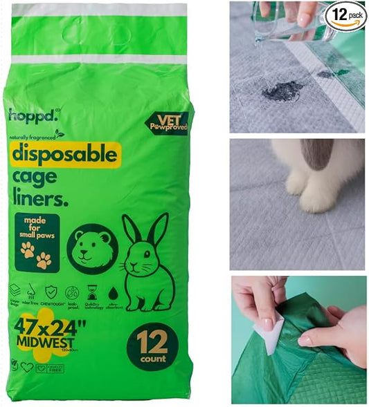 Hopp'd™ Disposable Cage Liners for Guinea Pigs, Rabbits, Ferrets & Small Pets - Ultra Absorbent Bunny Pee Pads with Bamboo Odor Control; Guinea Pig Bedding (47"x24" Midwest)- 12 Count (1 Month Supply)