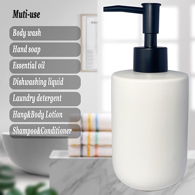 White Soap Dispenser with Matte Black Pump for Bathroom,Minimalist Modern Design Cylindrical Lotion Dispenser,12oz Ceramic Hand Dish Soap Dispenser,Refillable Liquid Dispenser for Kitchen (White)
