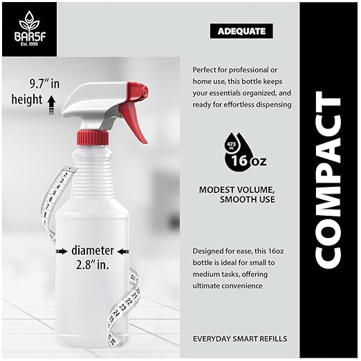 Bar5F 16-Ounce Spray Bottles Heavy-Duty Leakproof Plastic Adjustable Nozzle Mist Stream for Cleaning Solutions, Plant, Hair, Bleach, Vinegar, Alcohol Safe Made in USA 4-pack