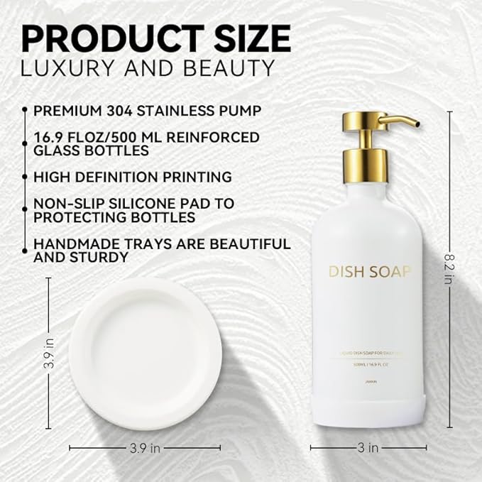 Glass Soap Dispenser Set by Janxin,Bathroom Soap Dispenser Set with Ceramic Tray,Luxury Bathroom Accessories,Modern Kitchen Decor (White+Gold(Dish Soap))