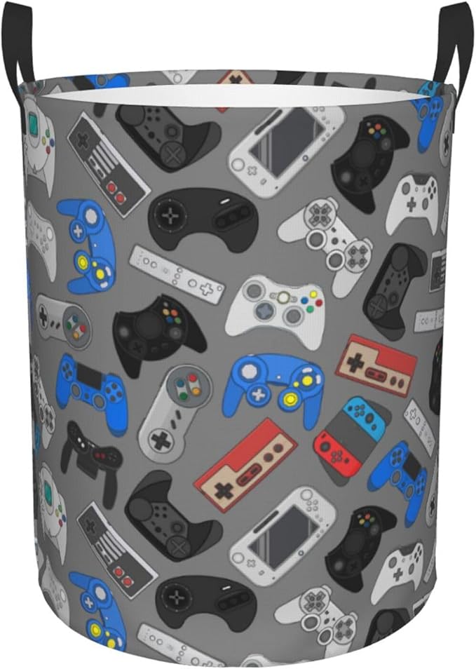 Video Game Grey Background Laundry Hamper Bag With Waterproof Liner - Gaming Theme Round Laundry Basket Foldable Clothes Storage Organizer For Bathroom Bedroom Nursery Dorm, M-19.6"X 15.7"