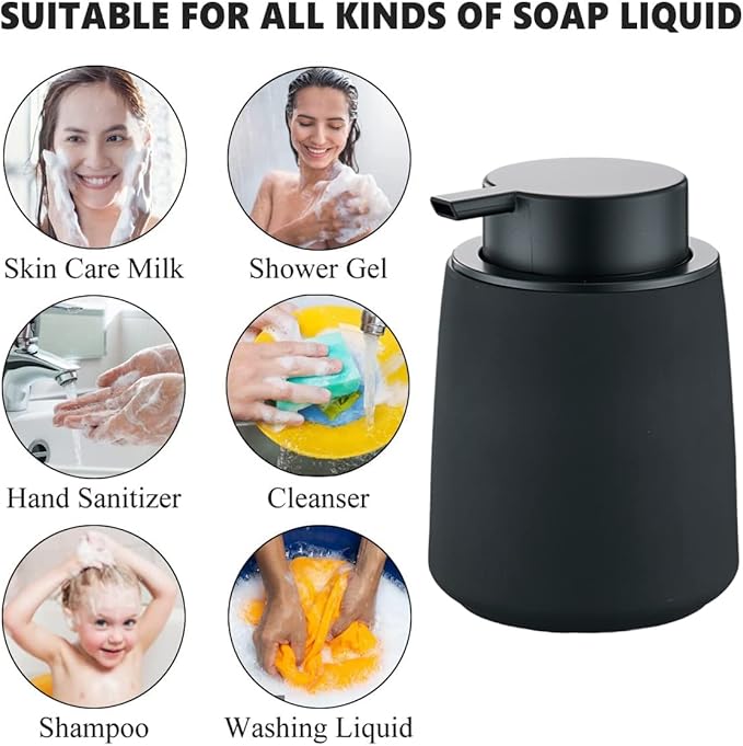 Black Foam Hand Soap Dispenser - 12Oz Ceramic Foaming Soap Dispenser with Easy-to-Press Black Pump, Reusable and Refillable Liquid Lotion Dish Soap Dispensers for Bathroom, Kitchen (Rubber Paint)