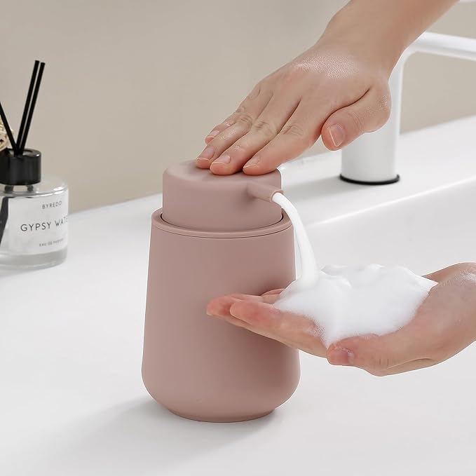 Matte Pink Foaming Hand Soap Dispenser Plastic 11 oz - Modern Minimalist Style for Bathroom & Kitchen Countertop Refillable
