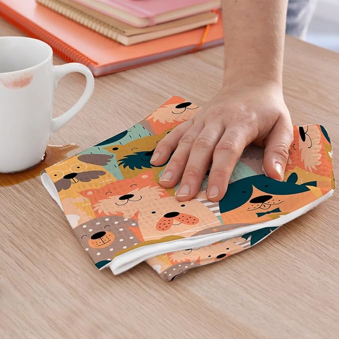3 Pcs Cute Colorful Animal Kitchen Towels, Cartoon Dog Pattern Decorative Absorbent Microfiber Dish Cloth Tea Towel, Waffle Soft Hand Towels for Farmhouse Home Bathroom, Dog Lover Gifts