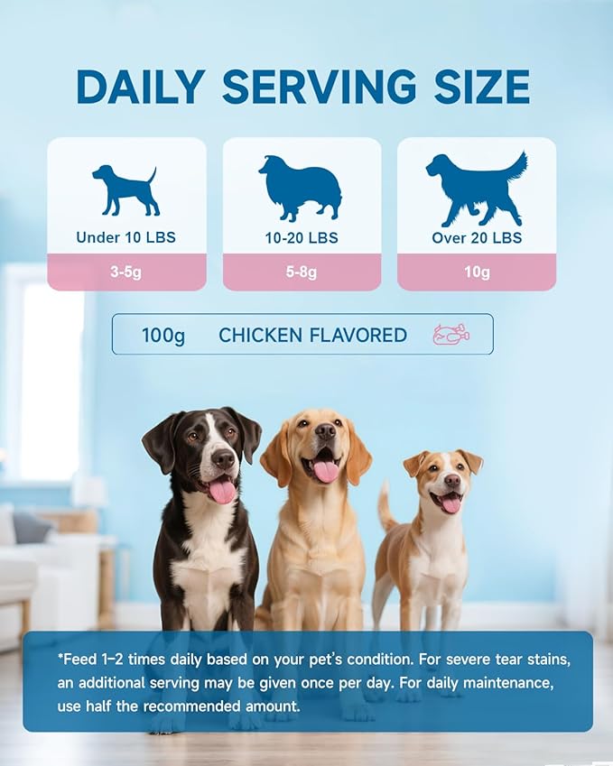 Dog Tear Stain Supplement - Tear Stain Remover for Dogs, Prevent & Eliminate Tear Stains, Eye Health & White Fur Care, Lutein,Chamomile, Vitamin, Probiotic, 100g, Chicken Flavor, Daily Supplement