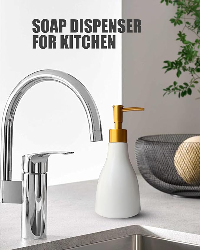 280ml Liquid Soap Dispenser for Bathroom with Gold Pump,Dish Dispenser for Kitchen,Refillable Countertop Lotion Dispenser, Ceramics White Hand Soap Dispenser(Cone White Bottle)