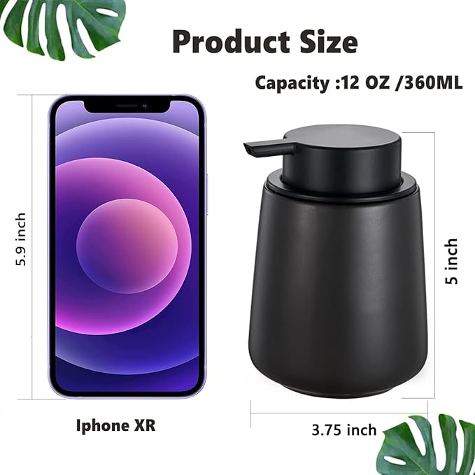 12Oz Black Soap Dispenser - Modern Ceramic Lotion Hand Soap Dispenser with Easy-to-Press Black Pump, Reusable and Refillable Liquid Dish Soap Dispenser for Bathroom & Kitchen