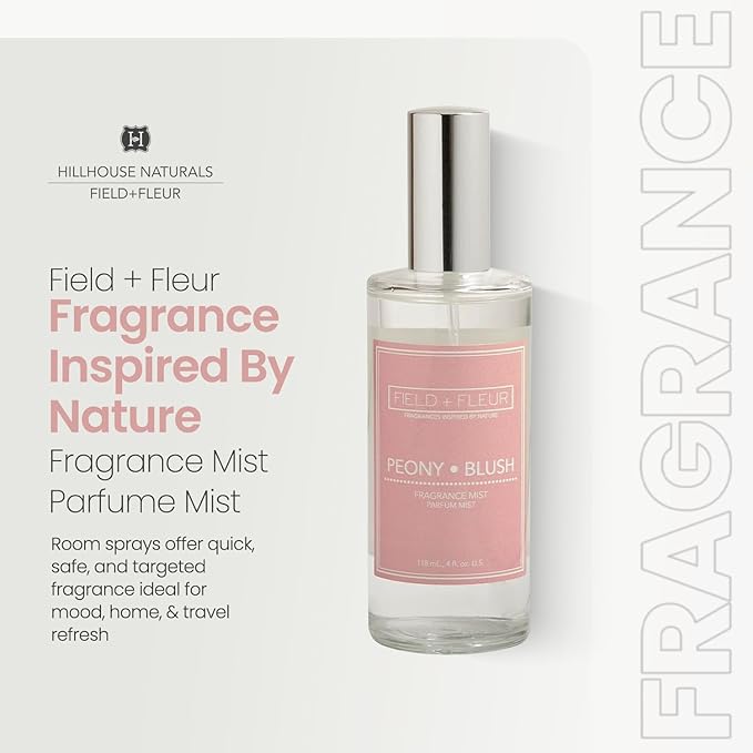 FIELD FLEUR Natural Room and Linen Spray, Non-Toxic Fragrance Mist With scents of Floral, Citrus, Aquatic Woods Notes – Long-Lasting Room Spray for Home, Bedding – Made in USA, 4oz – Peony Blush