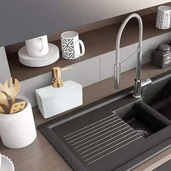 Modern Soap Dispenser with Matte Golden Pump for Bathroom, 13.5 oz Ceramic Rectangle Lotion Dispenser, Refillable Dish Soap Dispenser (White)