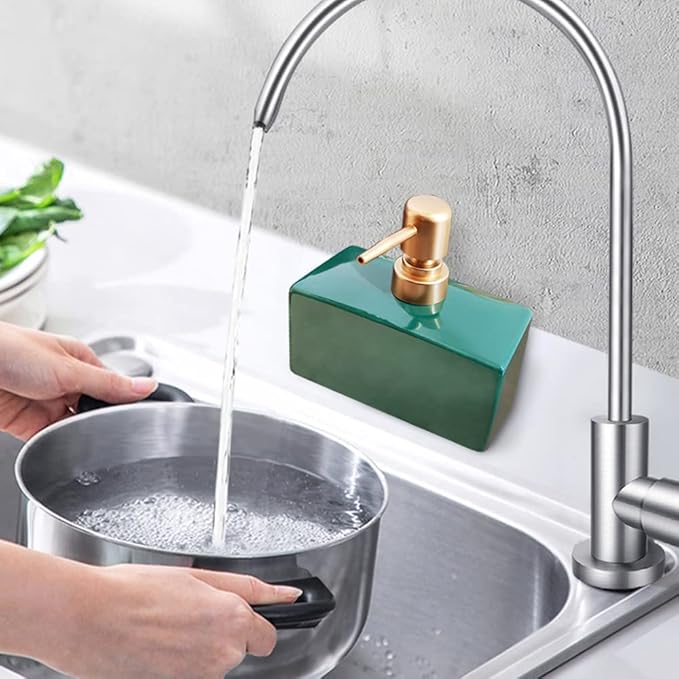 Modern Soap Dispenser with Matte Golden Pump for Bathroom, 13.5 oz Ceramic Rectangle Lotion Dispenser, Refillable Dish Soap Dispenser (Dark Green)