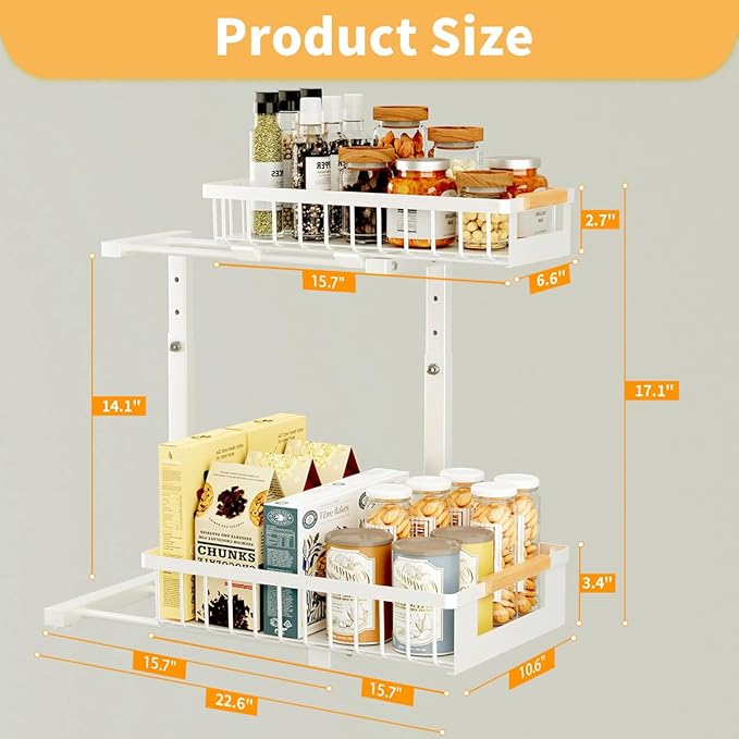 Under the Sink Organizer, 2 Tier Large Pull Out Under Sink Organizer Kitchen with Adjustable Height, Metal Under Cabinet Organizer and Storage for Counter Bathroom Vanity Laundry, White 1 Pack