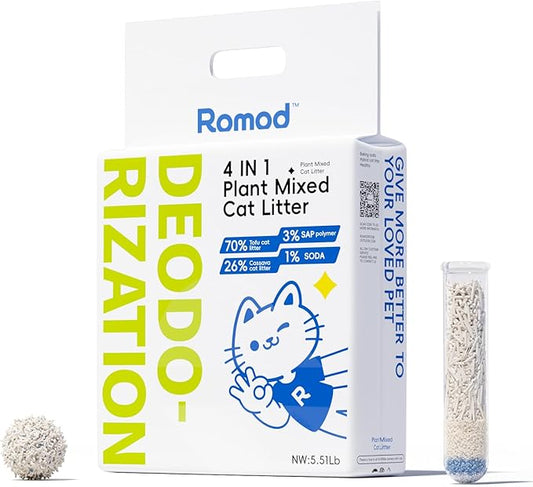 4-in-1 Tofu Cat Litter, Mixed Cassava, Baking Soda, SAP, Natural Plant, Fast Clumping, Strong Water Adsorption & Deodorization, No Tracking, Dust-Free, Flushable, (5.5lbx1bag)