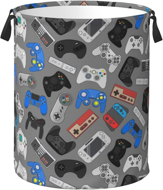 Video Game Grey Background Laundry Hamper Bag With Waterproof Liner - Gaming Theme Round Laundry Basket Foldable Clothes Storage Organizer For Bathroom Bedroom Nursery Dorm, M-19.6"X 15.7"