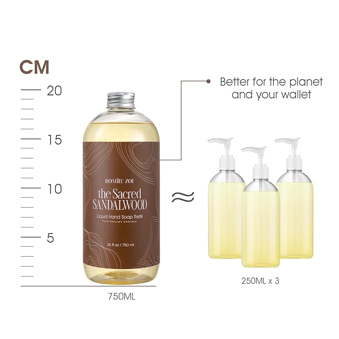ROMIIE ZOI Liquid Hand Soap Refill Gift Set-3 Pack, Cruelty-Free and Biodegradable Formula, Moisturizing Hand Wash with Essential Oil for Sensitive Skin, Sandalwood Scent (26Fl Oz x 3)
