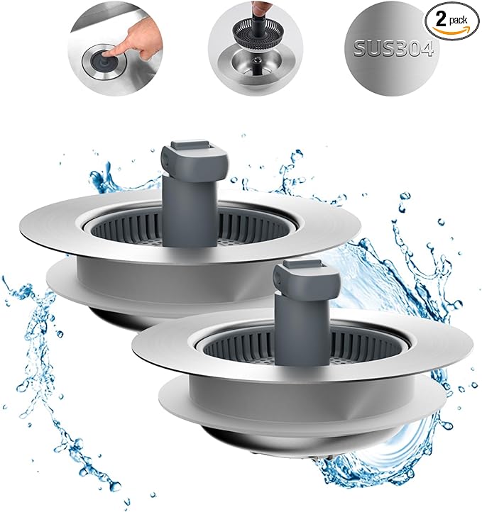 Hibbent Upgraded 2 Pack 3 in 1 Kitchen Sink Drain Strainer and Stopper Combo, Stainless Steel Metal Pop Up Sink Stopper, Anti-Clogging Basket with Foldable Handle for US Standard 3-1/2 Inch Drain