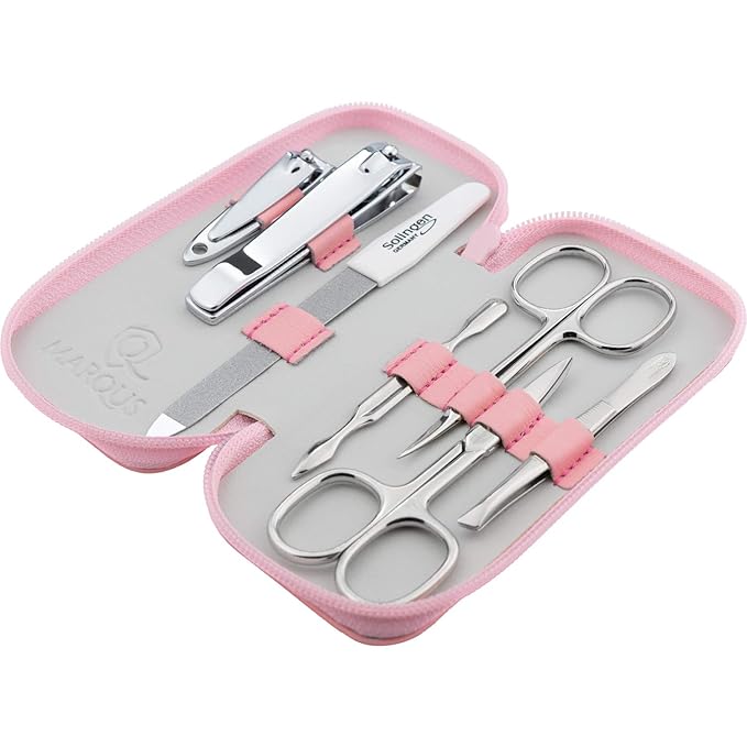 Manicure Set Solingen Made in Germany - 7 Piece Exclusive Finger & Toe Nail Clippers Kit for Women and Men in Real Leather Case, Color Rosa