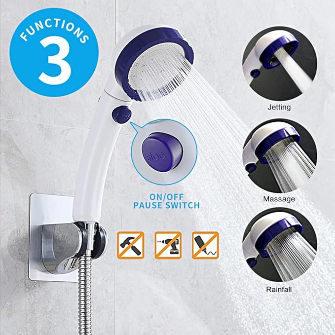KAIYING Drill-Free High Pressure Handheld Shower Head with ON/OFF Pause Switch 3 Spray Modes Water Saving Showerhead, Detachable Shower-Head, (H:Shower Head (White & Blue)+Bracket+Hose)