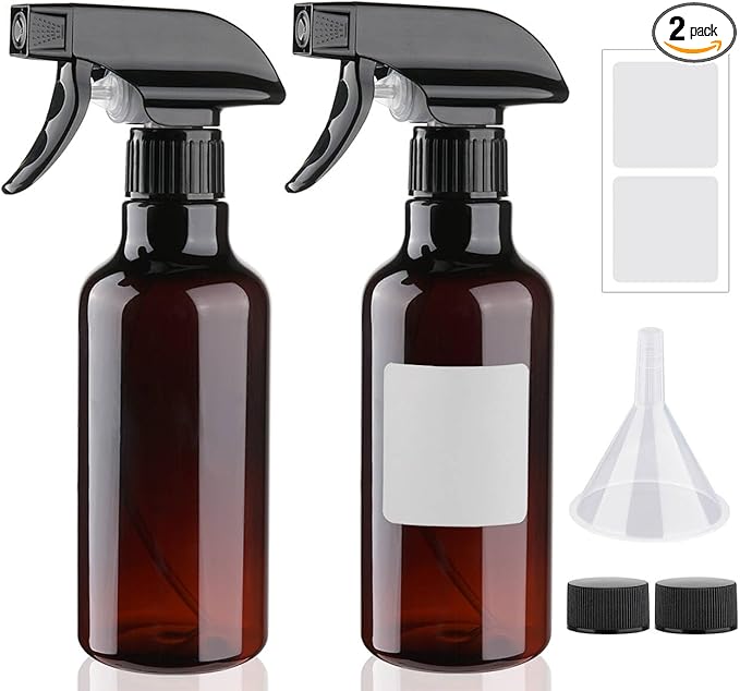 Plastic Spray Bottles 12oz 2 Pack Adjustable Mist/Stream Spraying Heavy Duty Square Water Spray Bottles for Hair, Cleaning Solutions, Plants,Essential Oils (Brown)