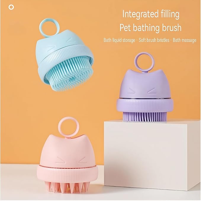 Silicone Cat Bath Brush – Pet Bathing Tool with Integrated Shampoo Dispenser, Soft Massage Brush for Cats & Small Pets, Hygienic and Durable Grooming Solution (Purple)