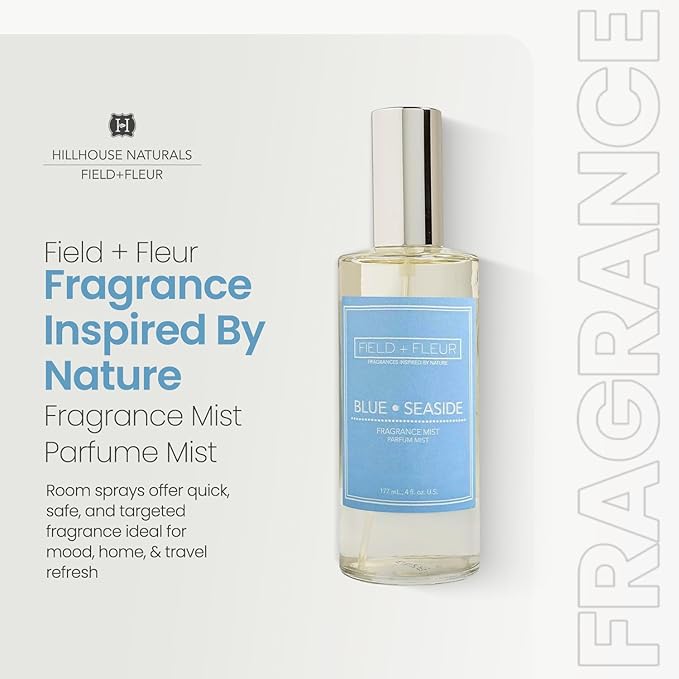 FIELD FLEUR Natural Room and Linen Spray, Non-Toxic Fragrance Mist With Tangy citrus, marine, ripe coconut, musk, & spicy sandalwood – Long-Lasting Room Spray for Home– Made in USA, 4oz – Blue Seaside
